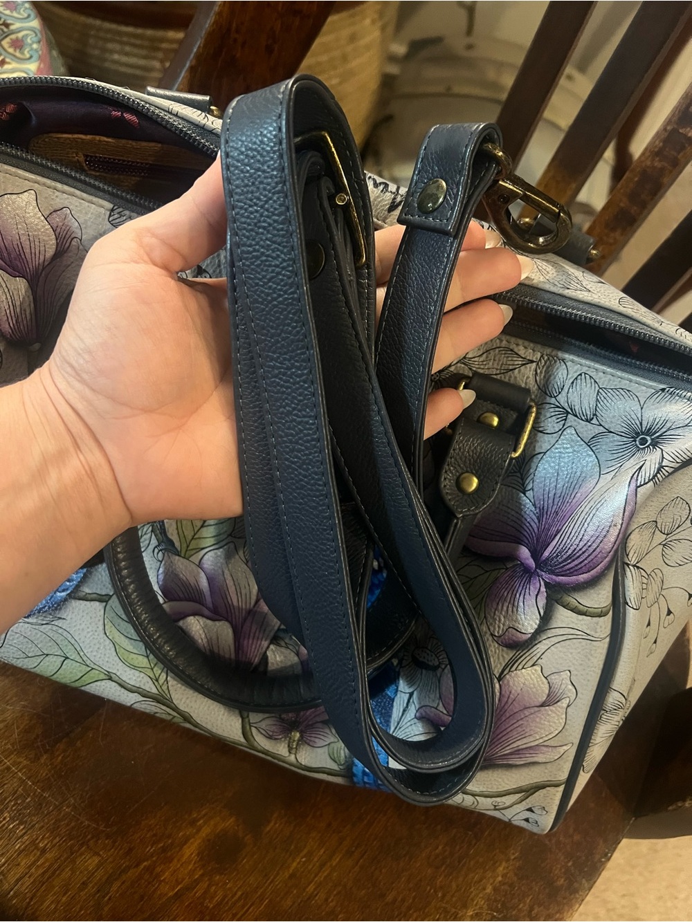 Anuschka Hand Painted Leather Satchel Northern Jays Large Multicolor - Picture 7 of 11
